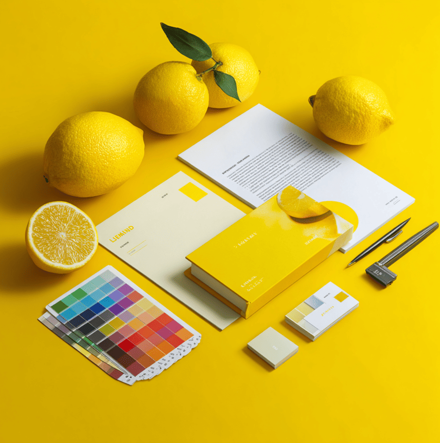 Packaging in a vivid trademark-style yellow color beside trademark paperwork, echoing the attempt to patent the color yellow.