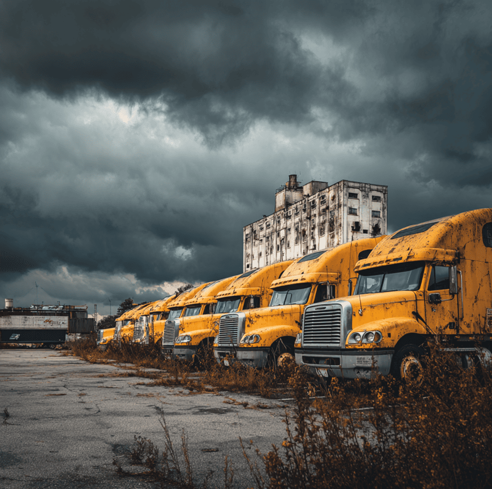 Idle Yellow Freight trucks behind locked terminal gates, representing the company’s overnight shutdown.