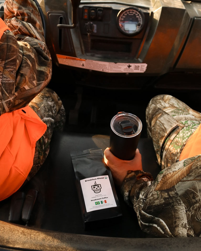 Headcount Coffee dark roast bag inside an ATV