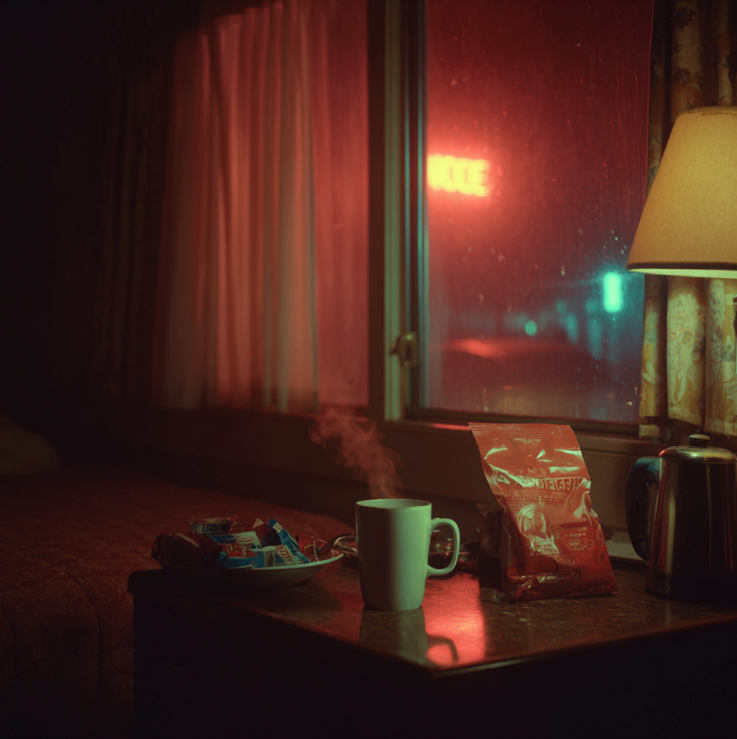 motel nightstand covered with instant coffee packets beside a steaming cup, neon Vegas glow leaking through curtains