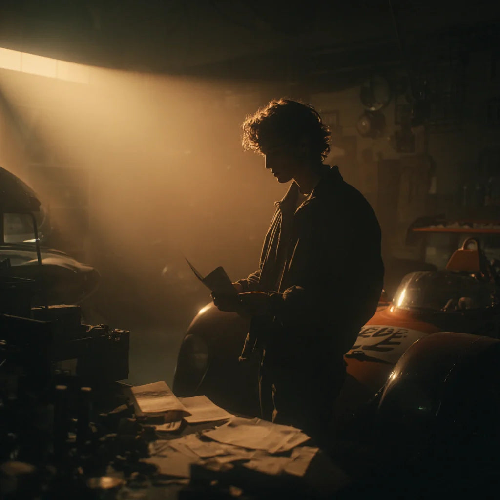 Driver in a dim garage preparing sponsorship materials beside a race car.