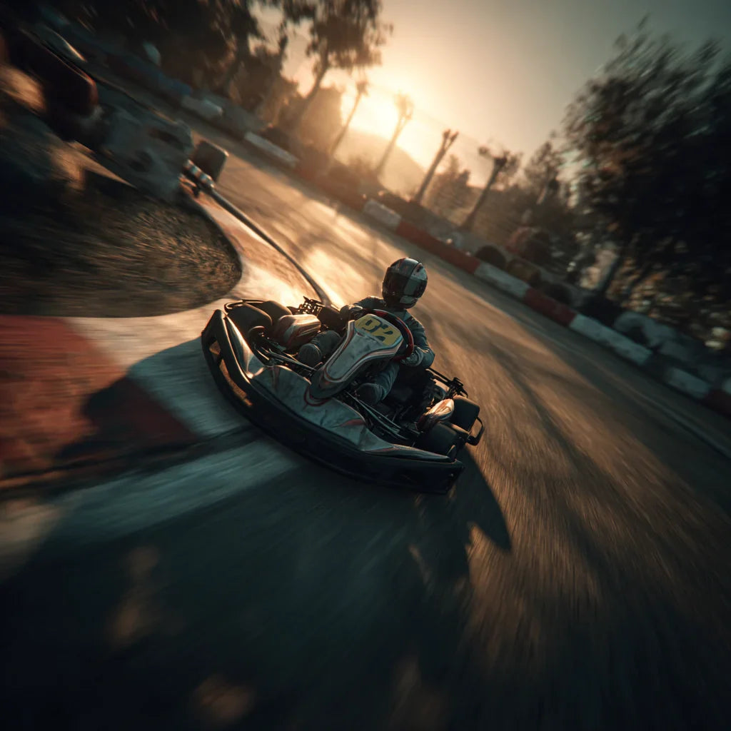 Kart racer mastering a corner with precise load transfer during a competitive lap.