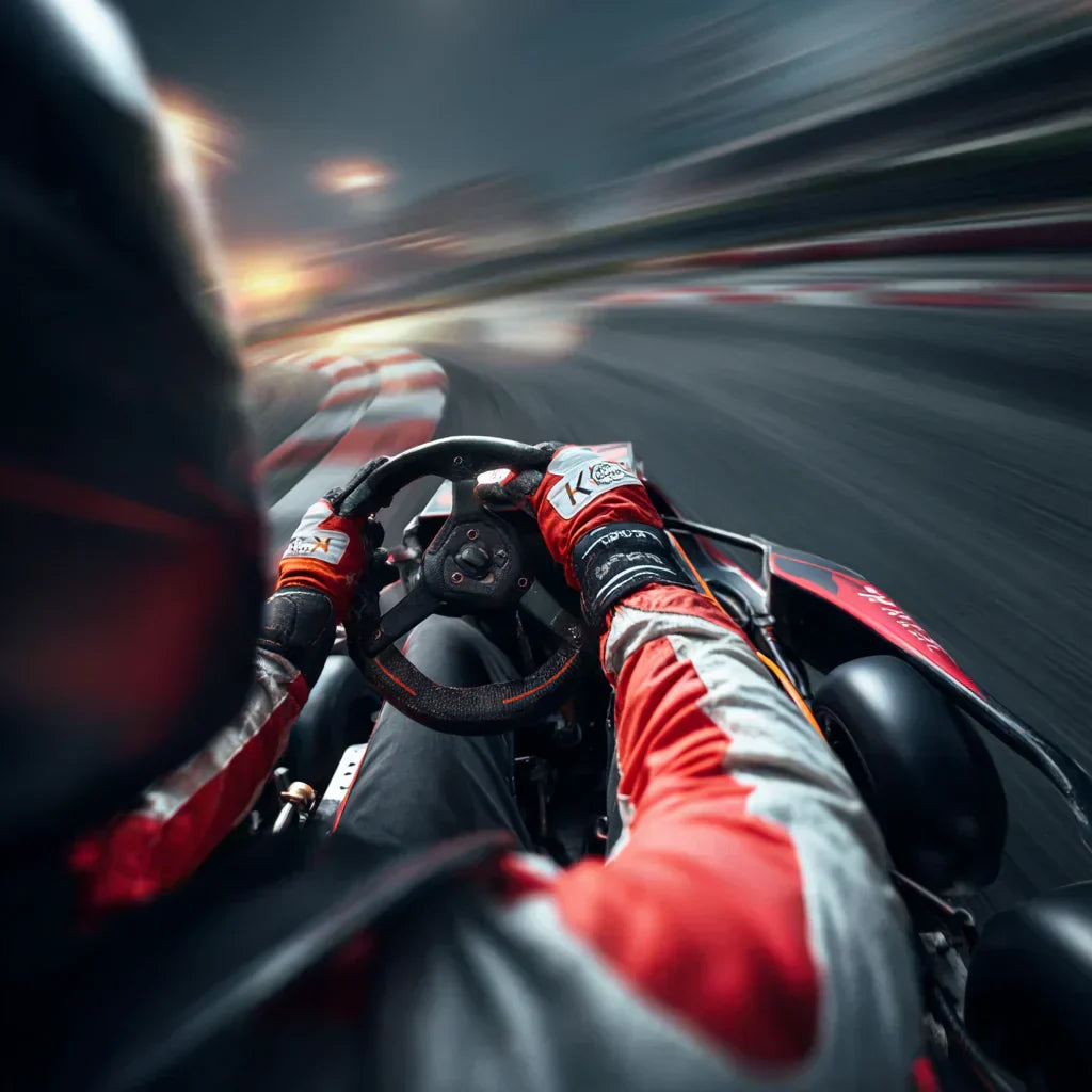 Kart driver using body weight and minimal steering input to navigate a corner.