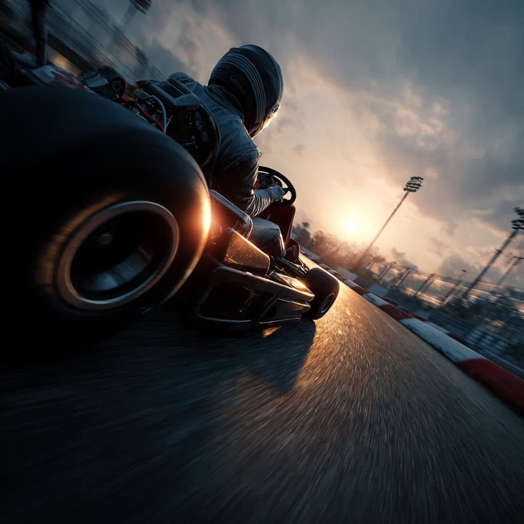 Kart racer executing precise threshold braking before entering a corner.