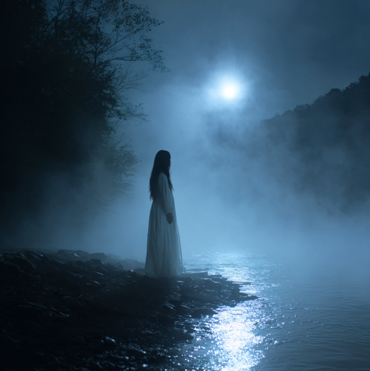 ghostly woman in white standing by a moonlit river, mist swirling around her, representing the legend of La Llorona