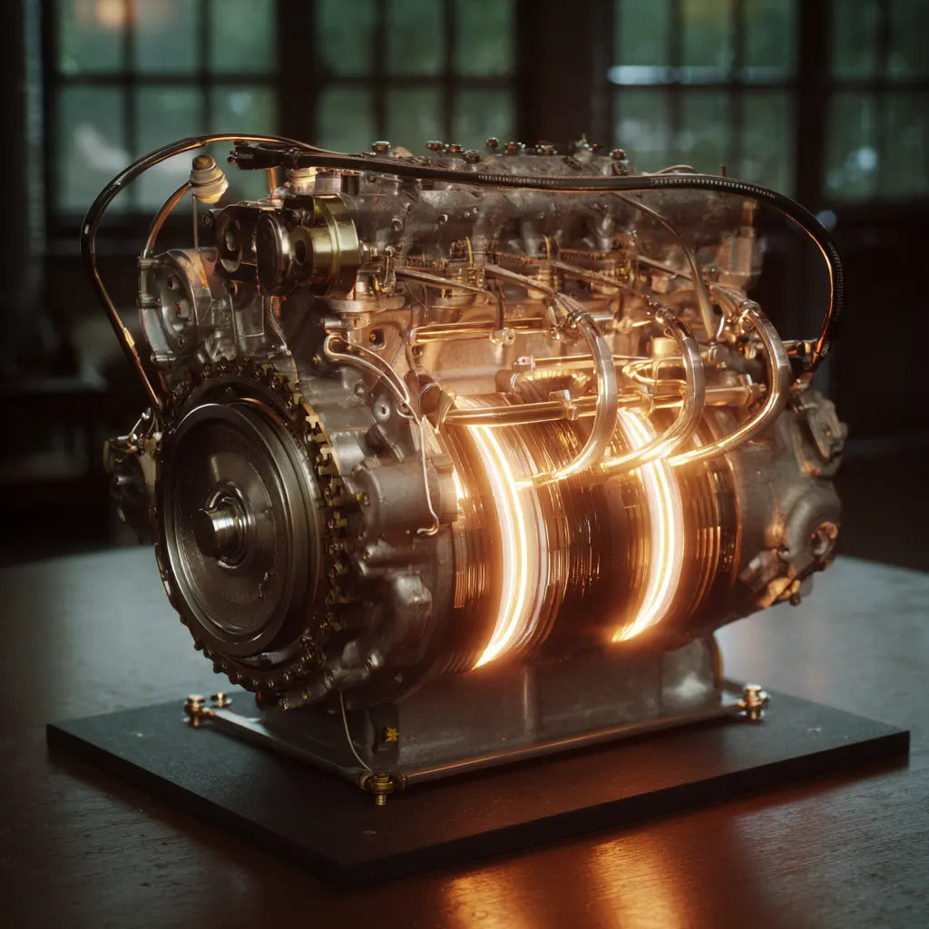 Mazda Motor Company historical rotary engine on display, atmospheric lighting.