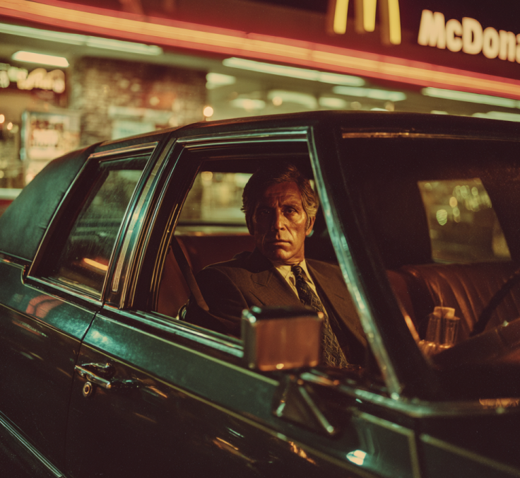 illustration of aging mobster at McDonald’s drive-thru holding coffee before assassination