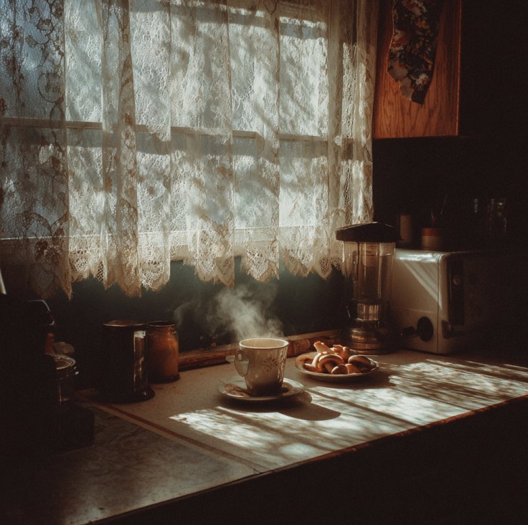 vintage 1960s kitchen table with a steaming coffee cup beside wild mushrooms, evoking the true story of the Mushroom Coffee Murder