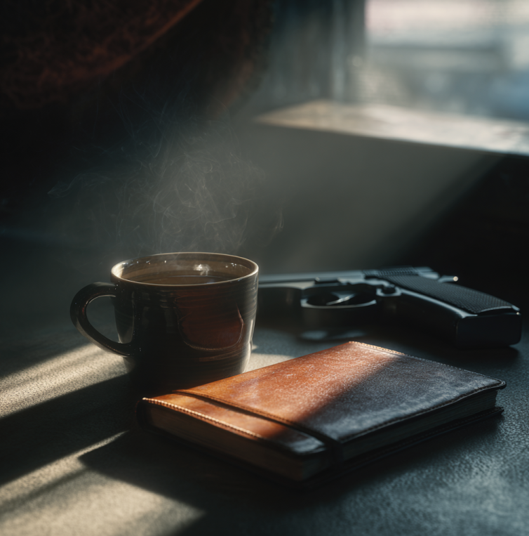 dimly lit Washington D.C. café interior, half-finished espresso on a wooden table beside a leather notebook and pistol silhouette in background
