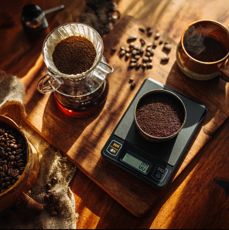 coffee scale measuring ground coffee beside pour-over kettle and mug on rustic wooden table, morning light