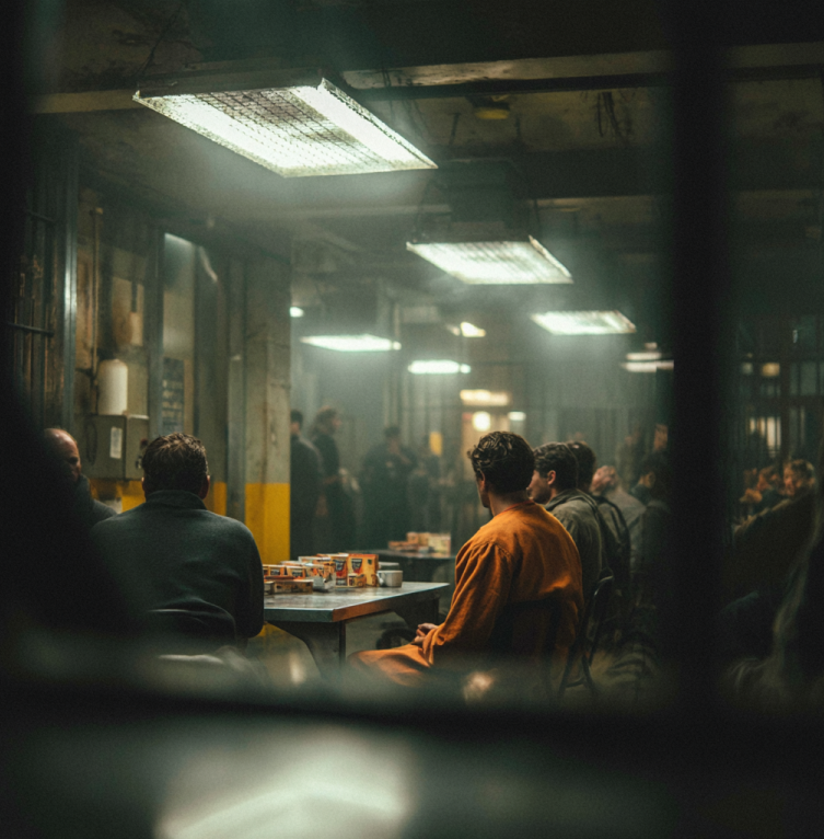 People sitting in prision at a prison table under harsh light, symbolizing barter and survival