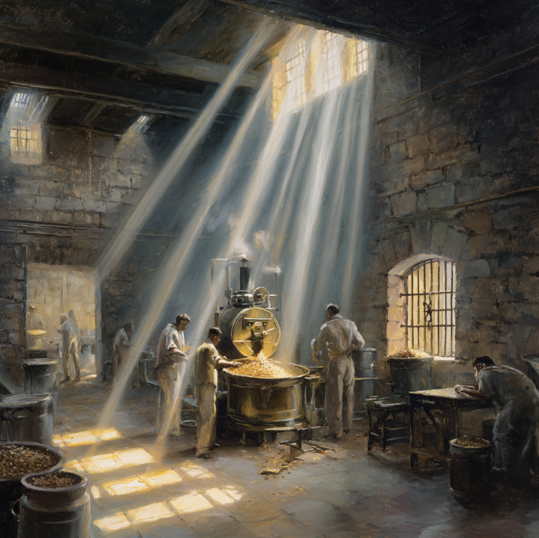 prison coffee roastery with inmates learning to roast beans, symbolizing redemption and second chances