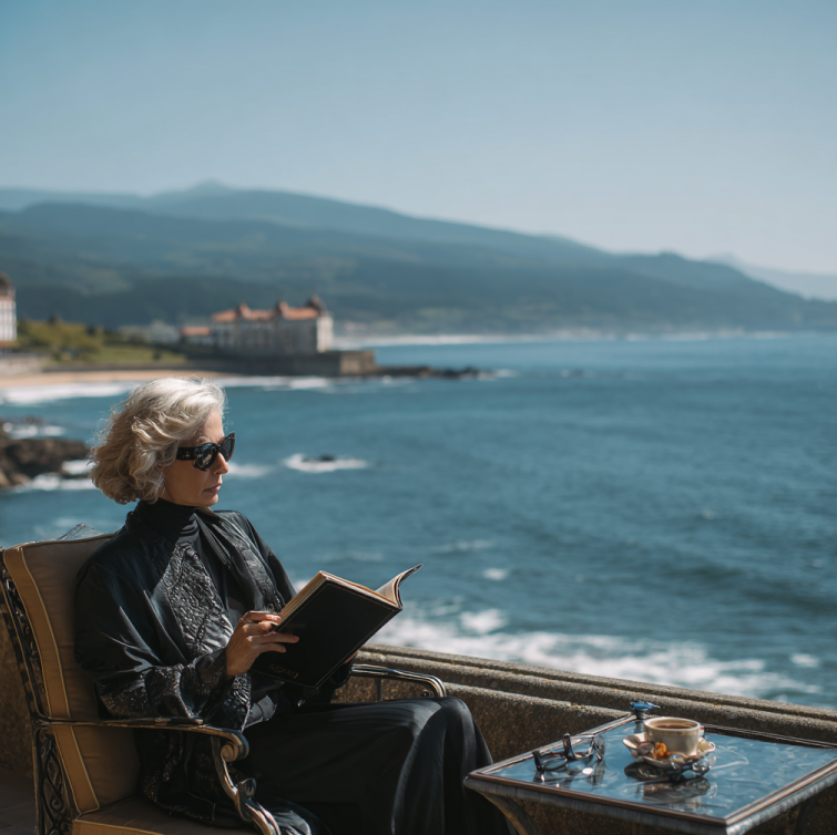 woman sipping coffee on a seaside veranda in Viveiro Spain, overlooking the Atlantic, with a closed black notebook beside her symbolizing power and secrets