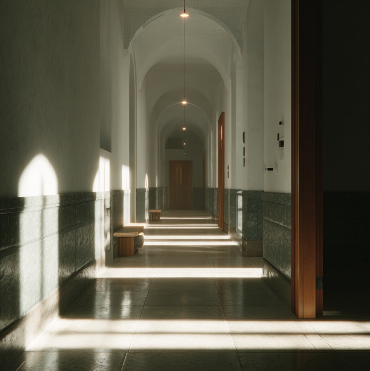 historic government corridor with discreet access point and fiber route overlay, sunlight through tall windows, hint of a locked equipment room door