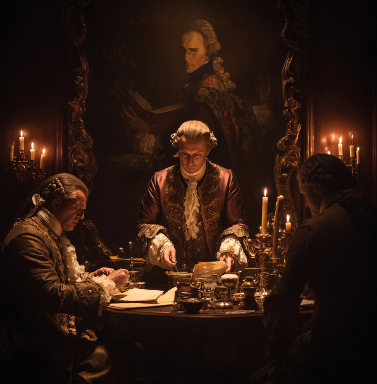 18th century Swedish king observing twin prisoners in a candle-lit room with cups of coffee and tea, symbolizing the historic coffee experiment of Gustav III