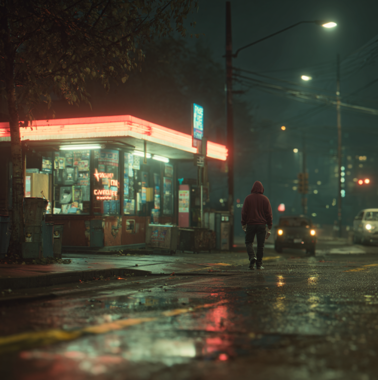 “Man in a hoodie walking past a small convenience store at night, holding a coffee cup, symbolizing the Coffee Cup Robber story