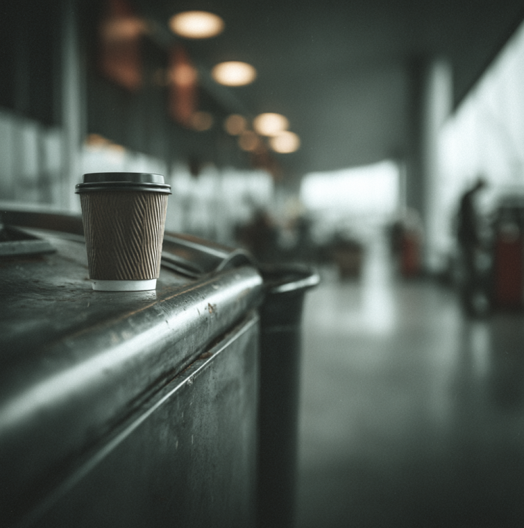 airport trash bin with a tossed paper coffee cup in evidence-style focus, symbolizing a cold case solved by DNA