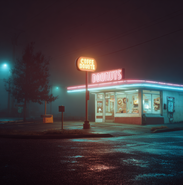 small-town coffee and doughnut shop at night with neon lights glowing, symbolizing tragedy and community loss
