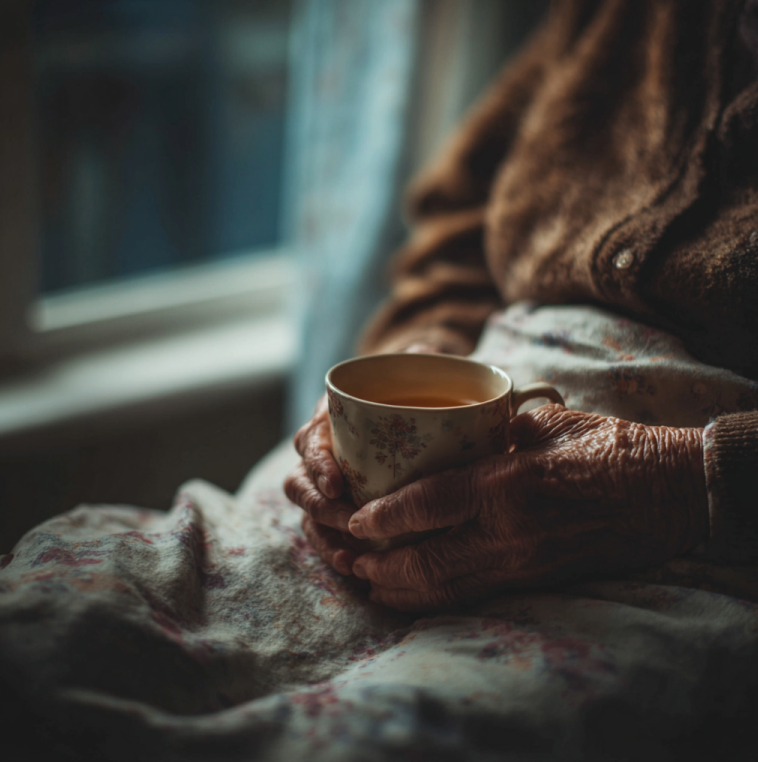 elderly woman’s hands holding a steaming coffee cup on a hospital tray, symbolizing assisted dying and ethical dilemma in medicine