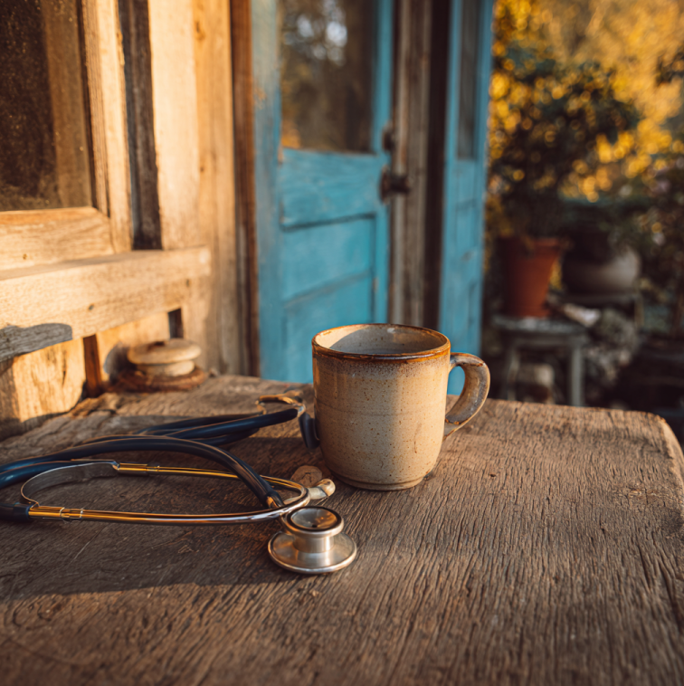 veterinarian’s hand holding a coffee cup with a faint reflection of a syringe, symbolizing betrayal and poisoning