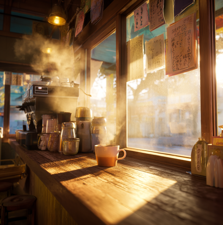 Tokyo convenience store coffee machine with latte cup, symbolizing honesty and community in coffee culture