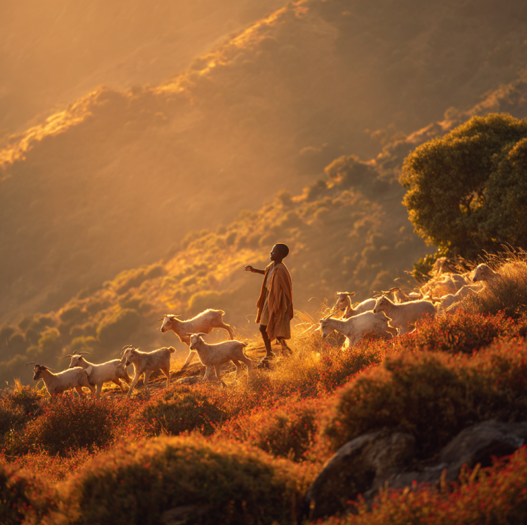 Ethiopian shepherd watching his goats leap among red coffee berries in the mountains, inspired by the legend of Kaldi and the dancing goats