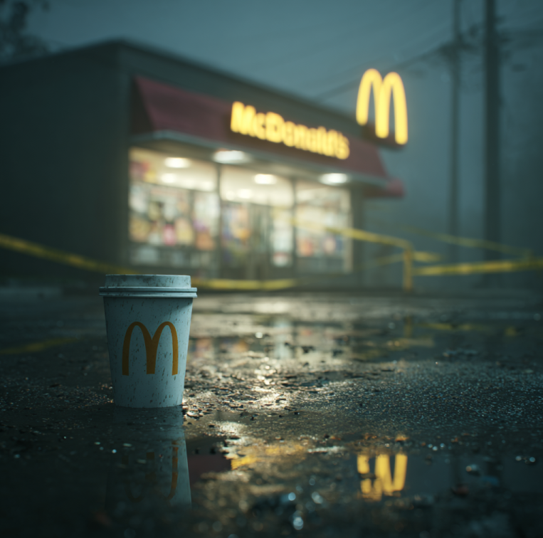 McDonald’s entrance at sunrise with a fallen coffee cup and police tape in the background, symbolizing the McDonald’s Murder story