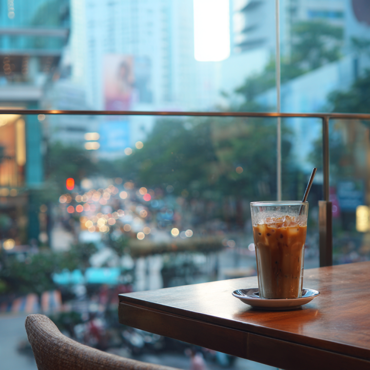 “iced Vietnamese coffee on café table with condensation on glass, symbolizing the cyanide coffee murder case in Jakarta