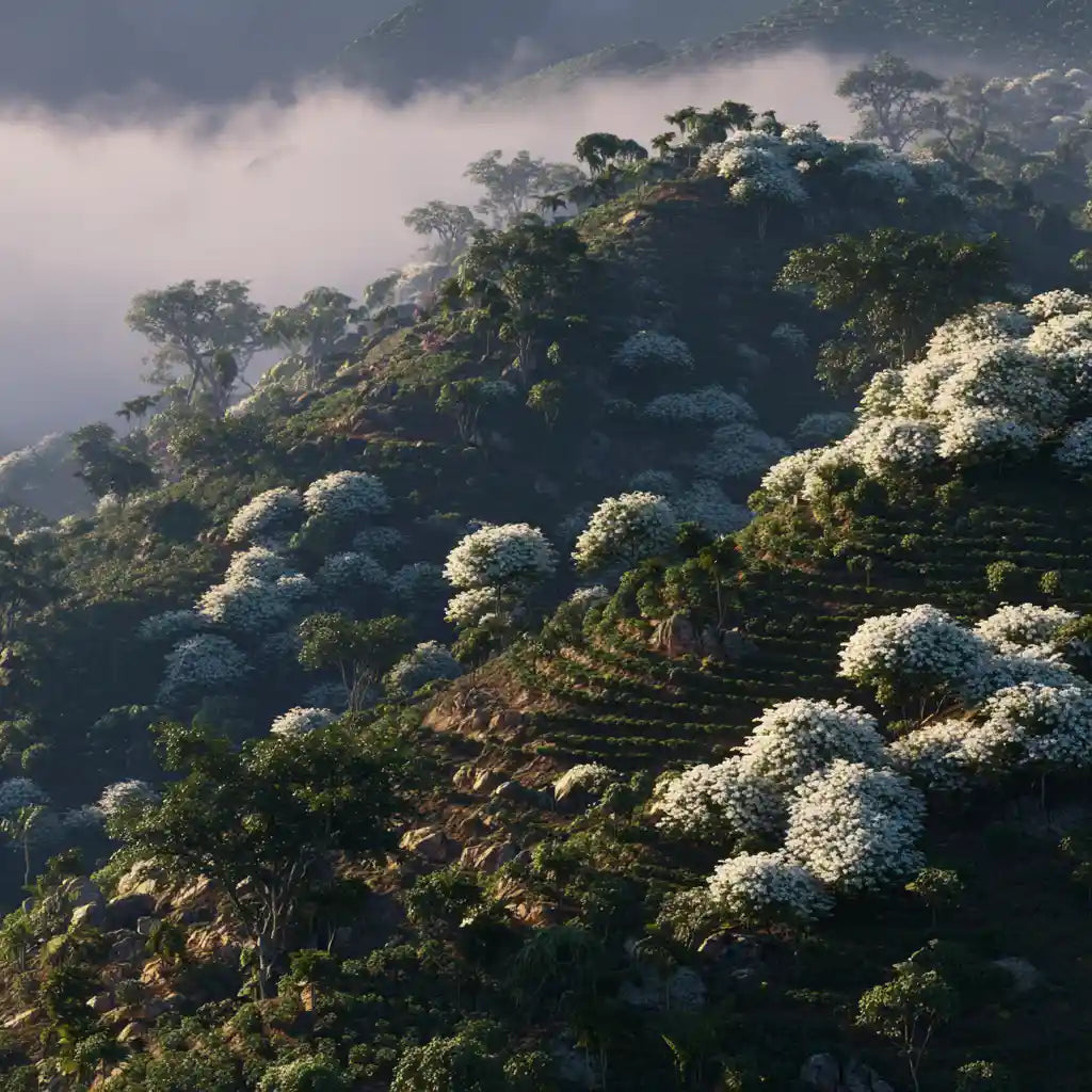 Fields of white flowering trees, growing up a mountainside in full fog on a morning sunrise.