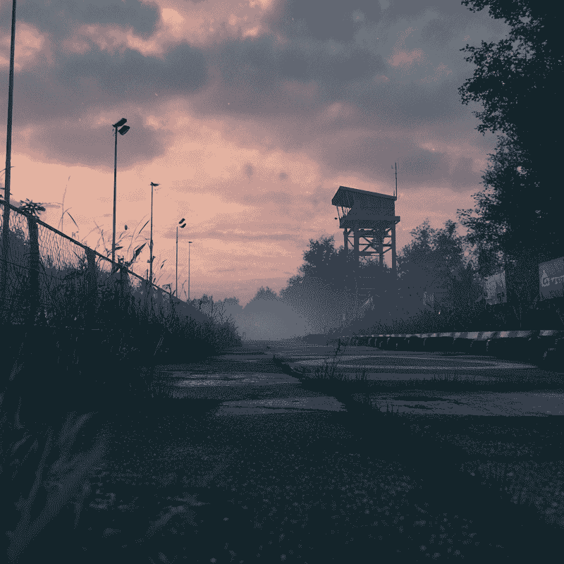A rundown, abandoned karting track. The front straight, overgrown with weeds and crumbling away. Timing Tower in view. Still standing over.