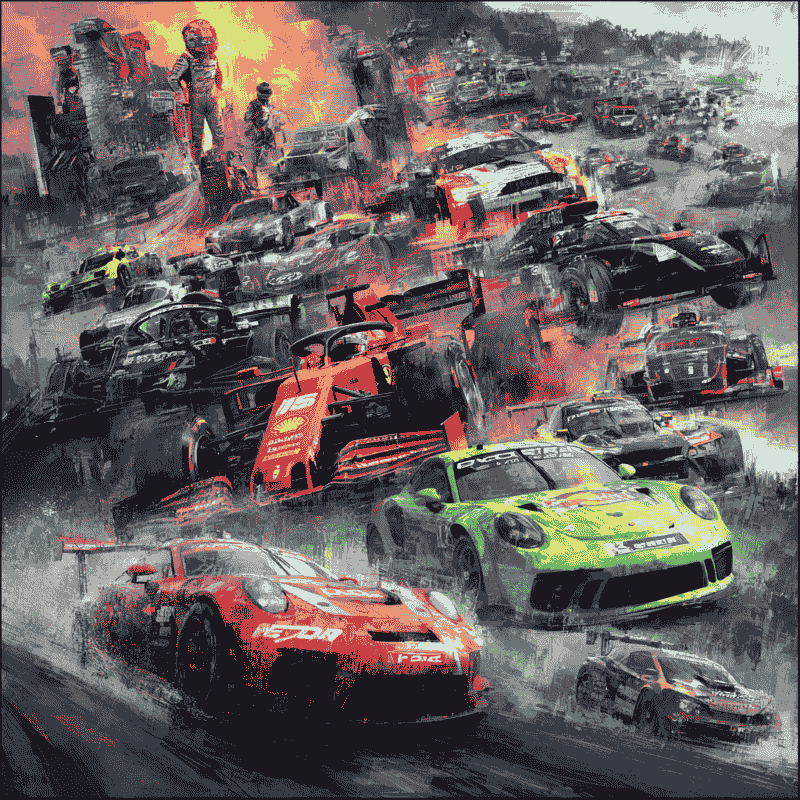 Formula 1, LeMans, Rally, Prototype racecars at speed. Collage style