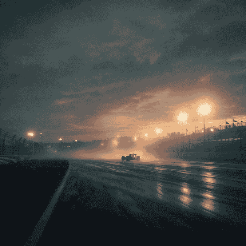A Formula racecar, in the rain on the back straight of a legendary circuit. 