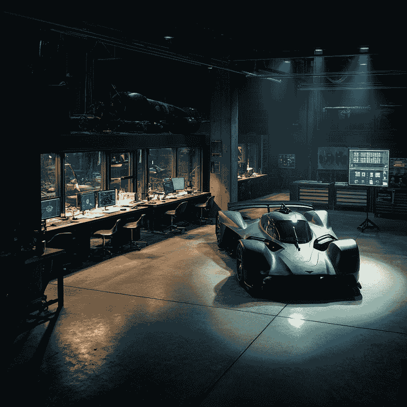 A completed fully carbon fiber monocoque racing prototype with a full wind tunnel in the background.