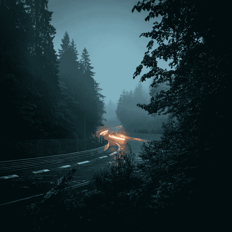 Atmospheric view of the Nürburgring Green Hell surrounded by misty forest, representing Nürburgring legends.