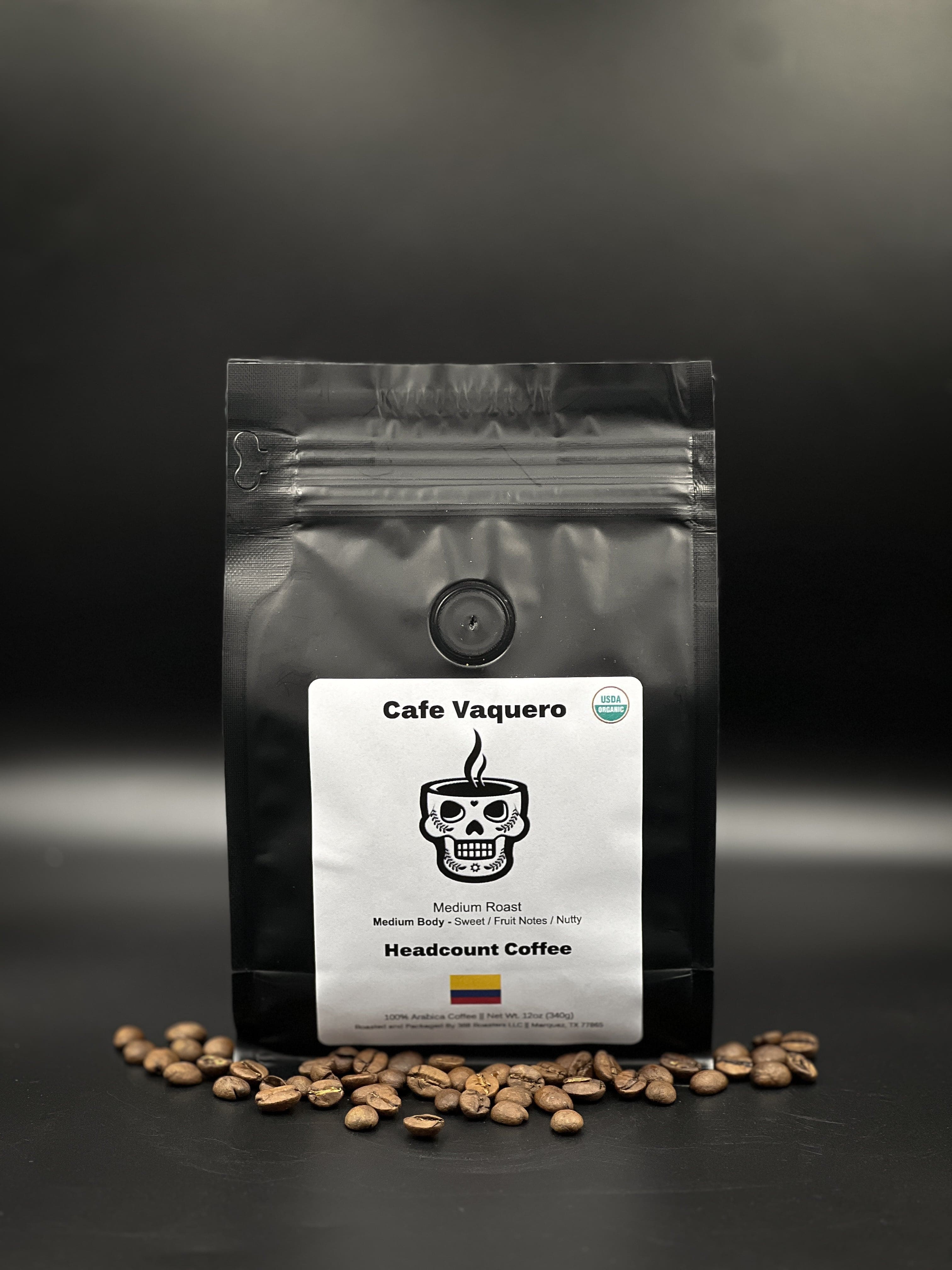 Headcount Coffee Cafe Vaquero medium roast organic coffee bag from Texas roastery with sweet fruit and nutty flavor notes.