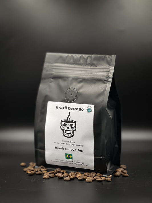 Headcount Coffee Brazil Cerrado roast, featuring rich flavors with smooth, nutty undertones. Freshly roasted artisan coffee from Brazil’s Cerrado region, delivered in eco-friendly packaging.