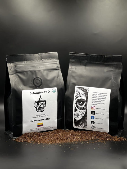 Headcount Coffee Colombia FTO medium roast organic coffee bags from Texas roastery with fruity cacao flavor notes.