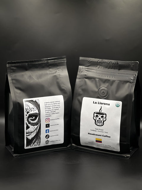 Headcount Coffee La Llorona dark espresso roast – organic Colombian FTO coffee beans roasted in Texas
