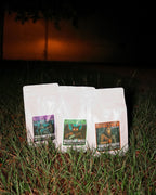 Headcount Coffee cryptid series featuring Nessy’s Roast, Mothman’s Mug, and Bigfoot’s Brew organic coffee bags.