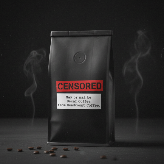 Matte black coffee bag with red CENSORED label and white tag reading ‘May or may not be Decaf Coffee from Headcount Coffee.’ Shadowy, cinematic product photo.