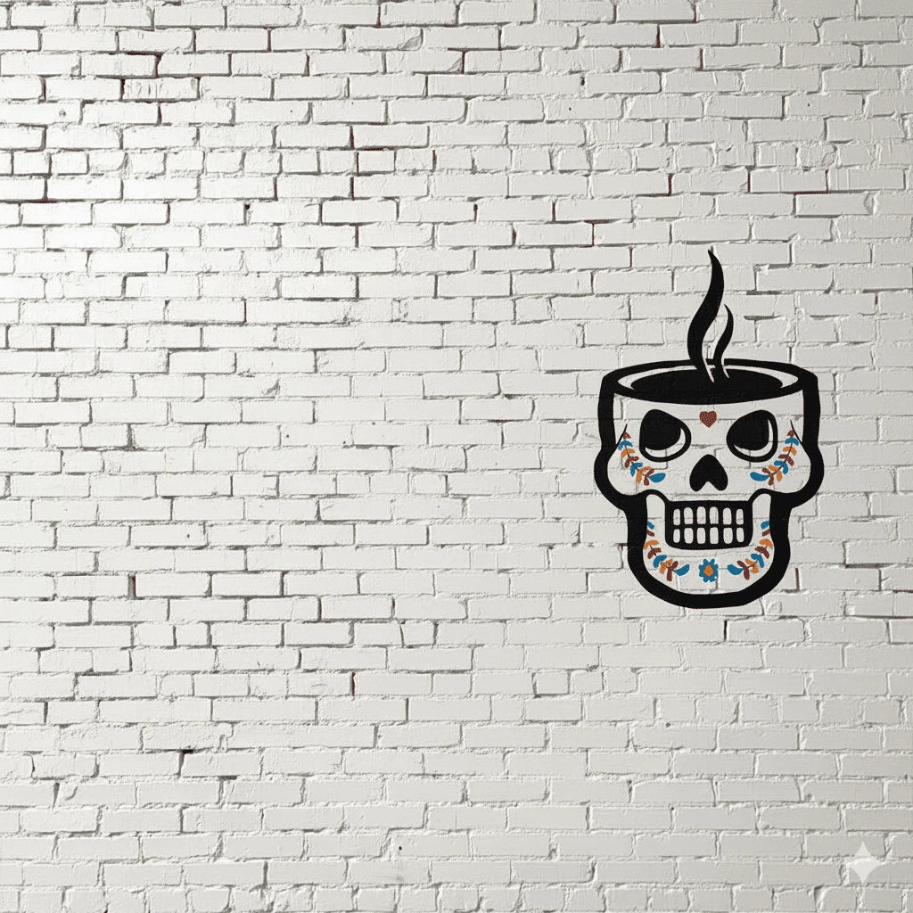 Headcount Coffee skull logo on a white brick wall