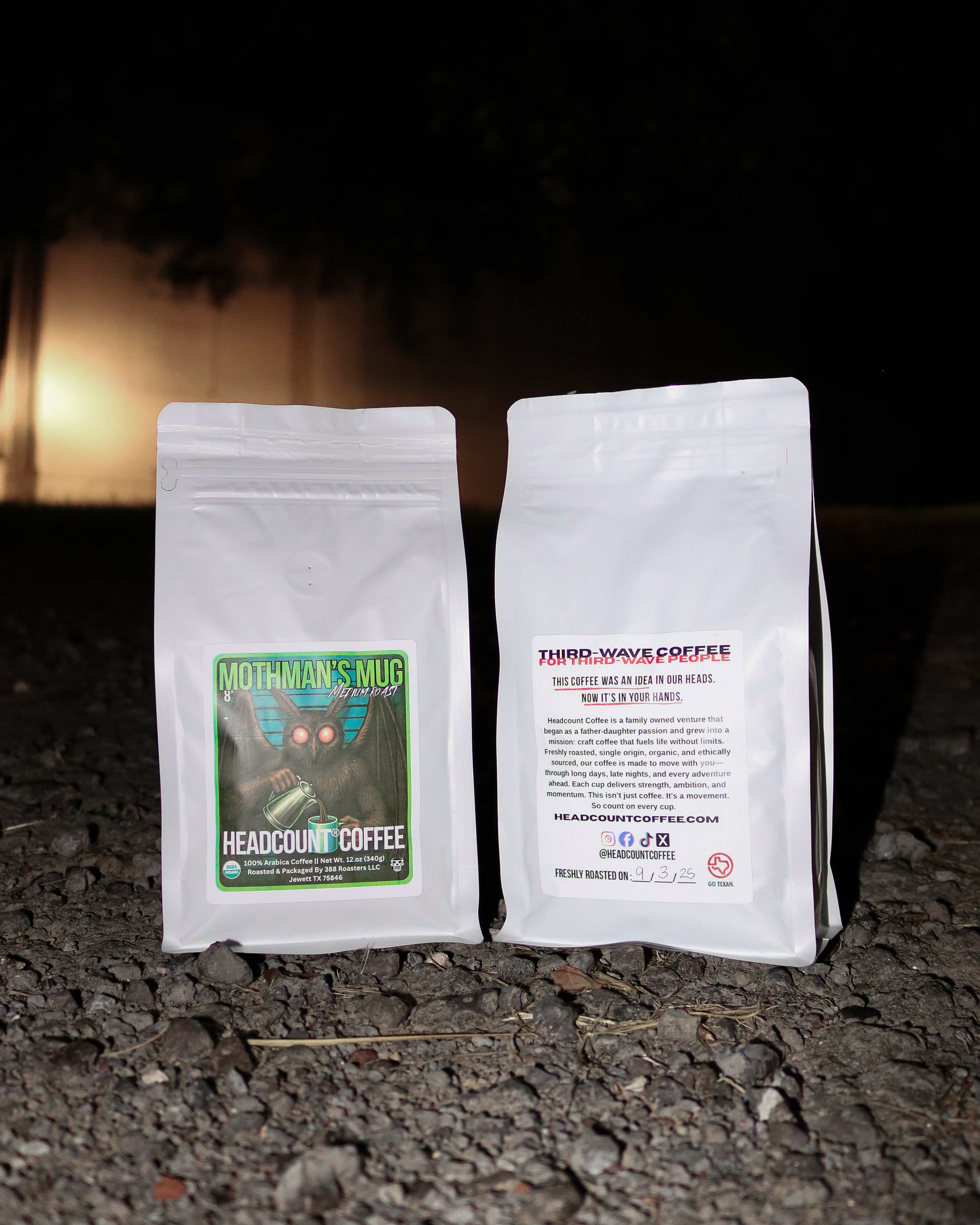 Headcount Coffee Mothman’s Mug medium roast organic coffee bags from Texas roastery at night.