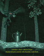 Mothman coffee video with glowing eyes and coffee pot in dark forest, promoting Headcount Coffee medium roast.