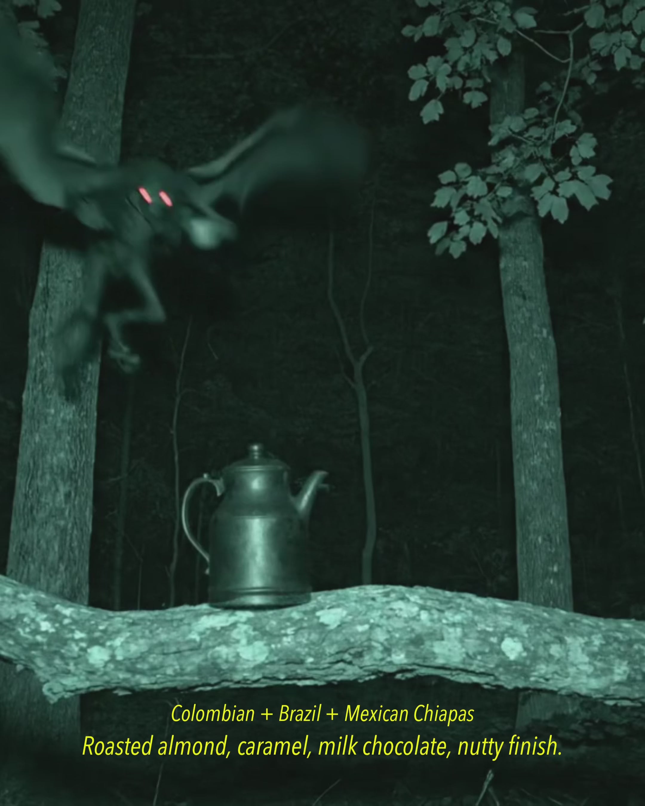 Mothman coffee video with glowing eyes and coffee pot in dark forest, promoting Headcount Coffee medium roast.